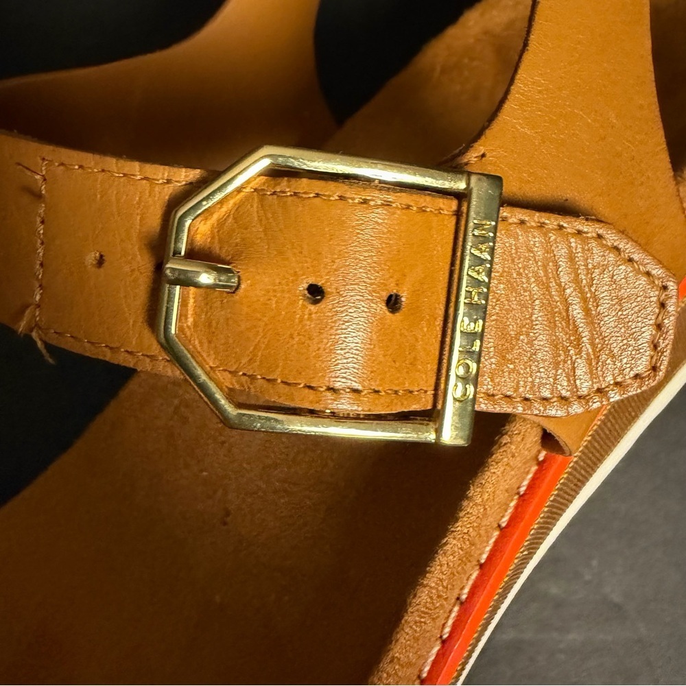 COLE HAAN Women's 8 OriginalGrand Flatform Leather Buckle Wedge Sandals Cognac - Picture 7 of 11